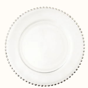 Renta de plato base de cristal transparente perla plata de 33 cm para montaje de mesas y bodas
