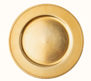 Plato Belén en color oro con borde de cuentas para renta en eventos