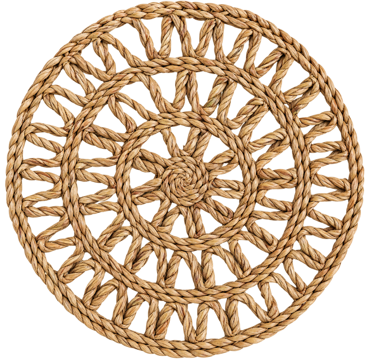 Plato base tejido de fibras naturales con diseño mandala para renta en eventos y bodas bohemias