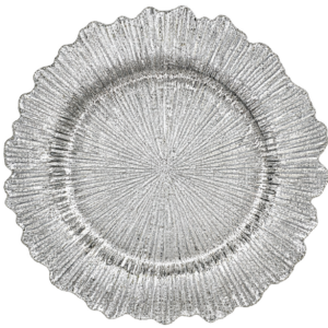 Plato base decorativo modelo Plateado Frozzen con textura radiante y acabado brillante para renta en eventos y bodas.