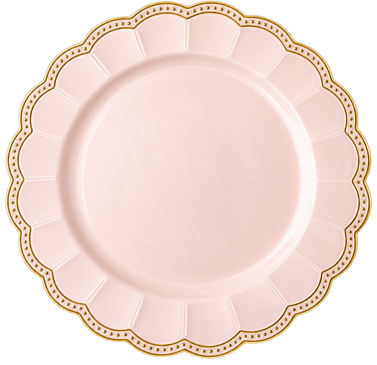 Plato base rosa premium con borde dorado ondulado y diseño festoneado para renta en eventos de Bonita Floral